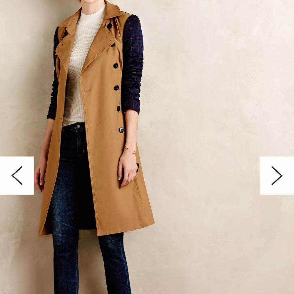 Anthropologie Harlyn Color-blocked Plaid Tan and Blue Trench Coat M